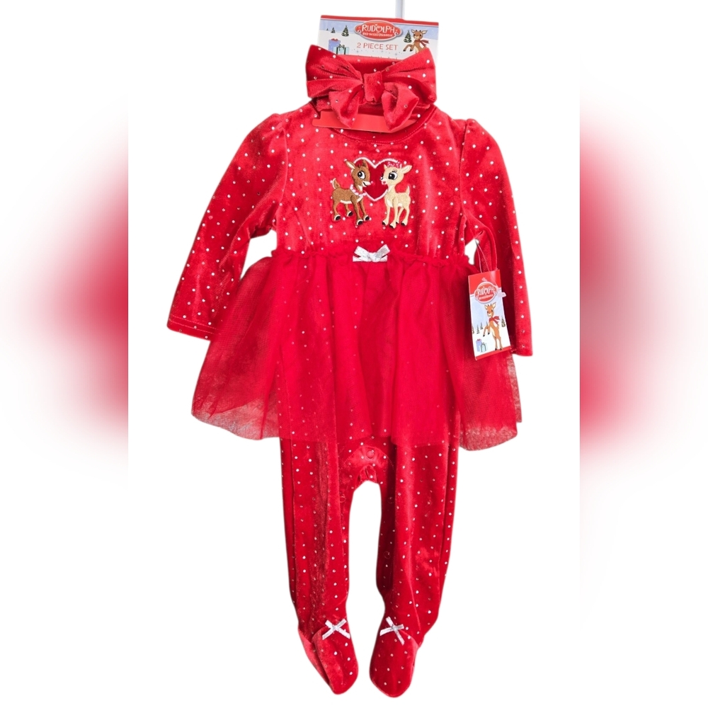 Rudolph The Red Nose Reindeer Christmas Dress TUTU Outfit Romper Sleeper